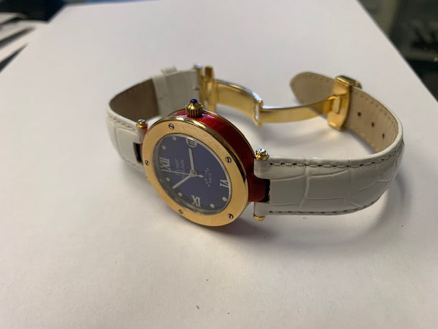 RK 400 Silver case, Red Enameled with 18 K Yellow Gold bezel